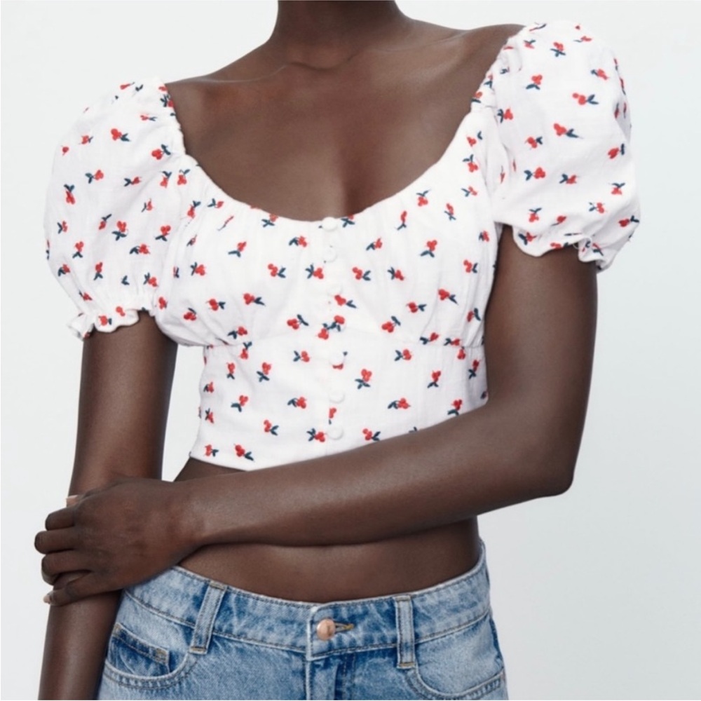 ZARA Floral Puff CHERRY Sleeve Crop Top XS